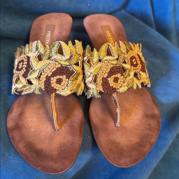 Metro Shoes - Metro size 37 Embroidered Floral Sandals - Brown and Green short wedge heel